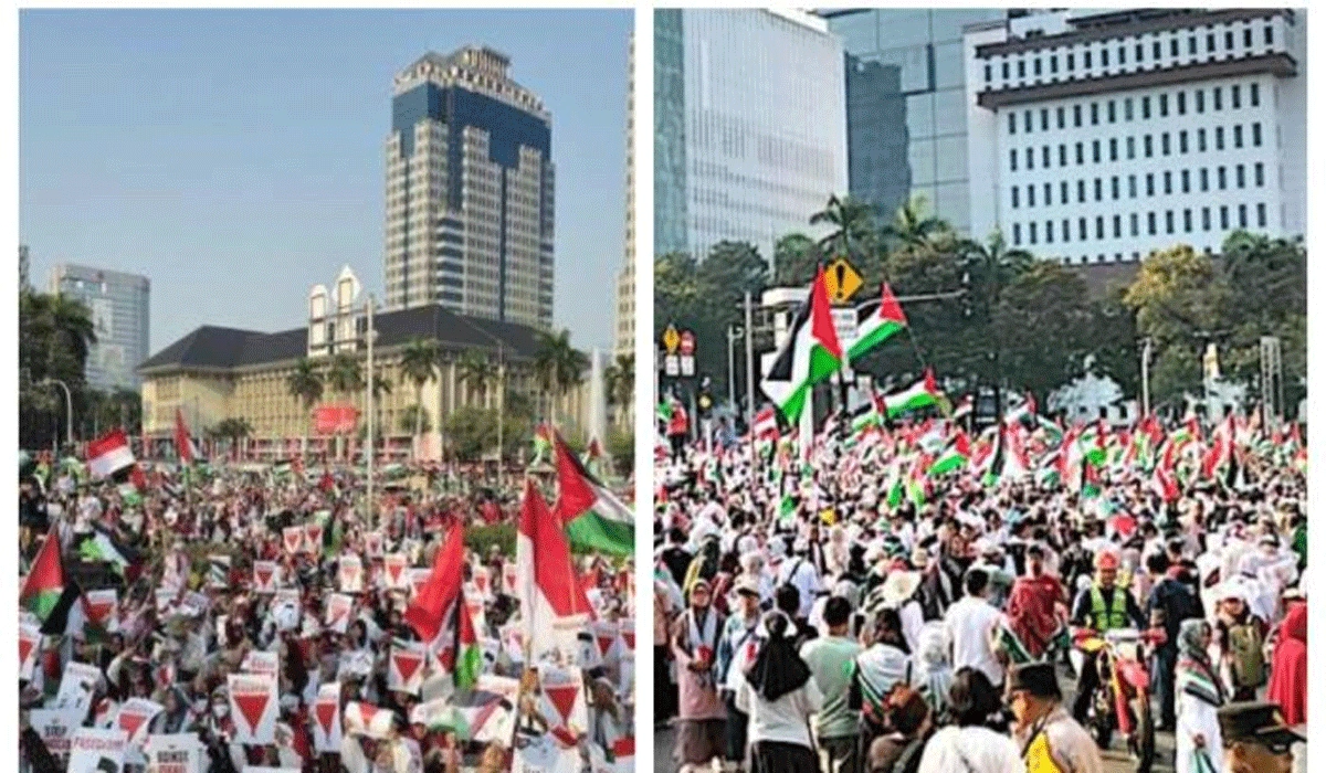 Polisi Berpeci Hitam Amankan Aksi Solidaritas Bela Palestina Di Patung Kuda